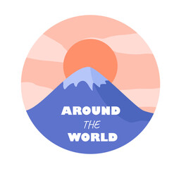 Travel sticker concept. Mountains with orange sun. Beautiful natural panorama and landscape. Travel and tourism. Holiday and vacation. Flat vector illustration