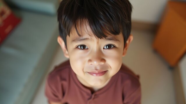 High Angle Asian Child Looking Cute And Guilty