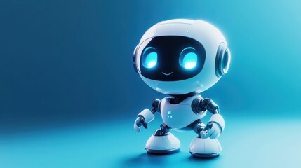 A close-up view of the cheerful Robot stands confidently against a bright turquoise background. Ai generated image