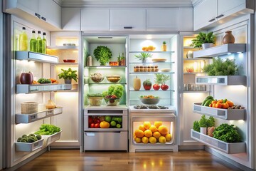 Sparkling clean refrigerator interior showcases organized shelves, fresh produce, and gleaming appliances, exuding a