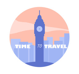 Travel sticker concept. Silhouette of Big Ban. London and Great Britain. Travel and tourism. Holiday and vacation. Poster or banner. Flat vector illustration