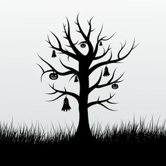 Happy Halloween tree with hanging ghost design on black color. Halloween ghost design. Halloween holiday abstract black color tree design template. 