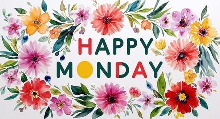 happy Monday word lettering with watercolor painting flowers on plain white background