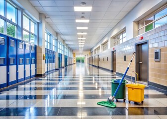 Spotless school hallway with freshly mopped floors, gleaming surfaces, and strategically placed hand sanitizer