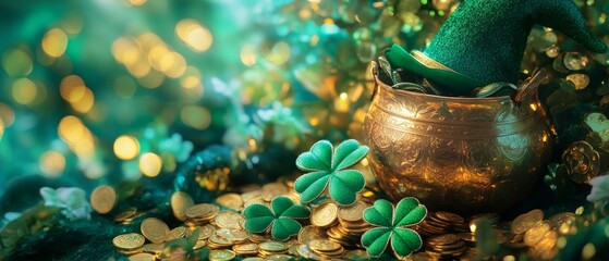 "Capture the essence of St. Patrick's Day with a striking image of classic symbols like a vibrant green shamrock, a golden pot of coins, and a cheerful leprechaun hat