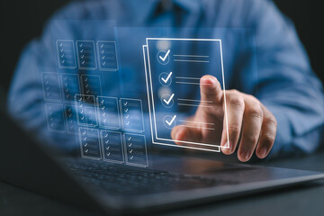 Businessmen review procedures through documents containing checkbox lists, rules of conduct...
