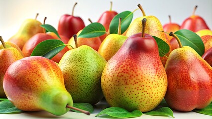 Display of fresh, juicy pears rendered in 3D, emphasizing their vivid colors and unique textures against a clean