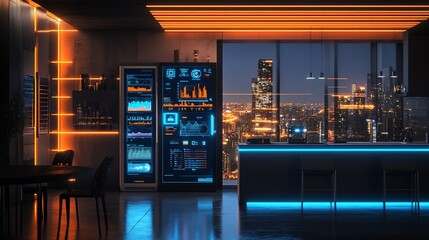 Futuristic kitchen with large screens displaying data and city view at night.