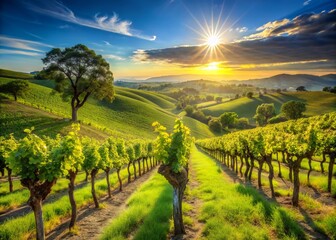 Fototapeta premium Sun-drenched rows of lush green grapevines stretch towards the sky, rustling leaves and gnarled trunks standing tall