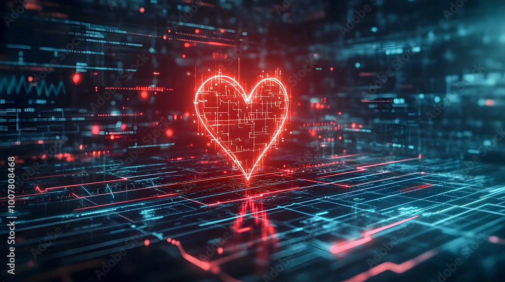 Poster digital heart in futuristic data matrix background