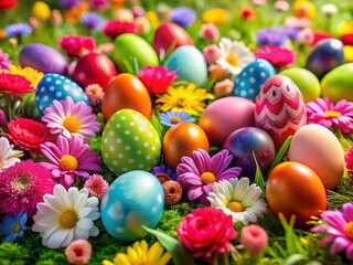 Easter's joy shines through a beautiful backdrop of colorful eggs and flowers, celebrating the season's spirit of