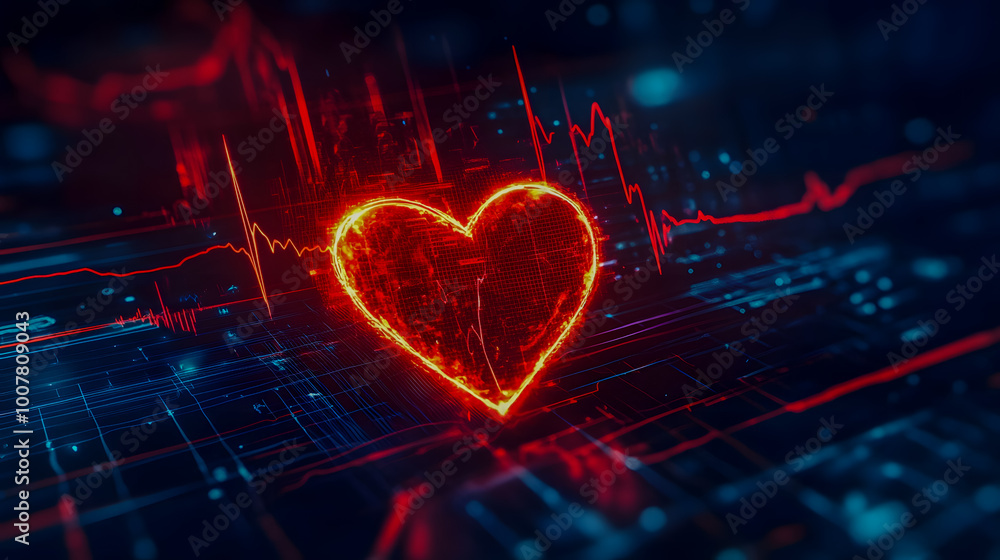 Poster glowing heart with digital pulse and data visualization