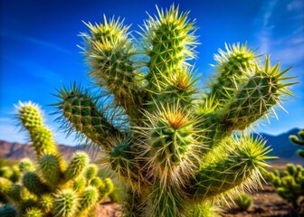 Tight close-up of a cholla cactus stem with vibrant green segments and menacing sharp spines against a bright