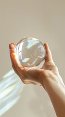 Crystal ball in hand; natural light from above, reflections, subtle highlights on white.