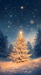 Digital illustration of magic christmas tree against snowy landscape with fir trees and shining stars in the sky background