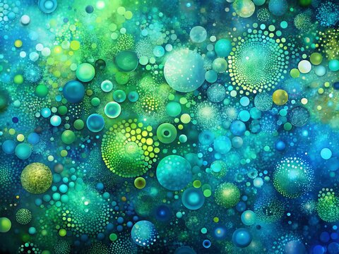 Vibrant abstract background featuring intricate, scattered dots in shades of blue and green, creating a mesmerizing,