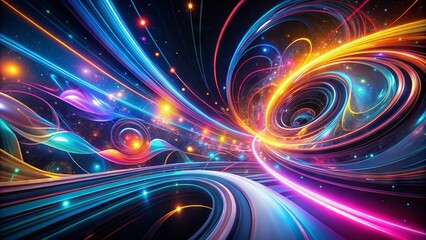 Obraz premium Vibrant abstract black background with dynamic, swirling shapes and neon-colored lights, evoking a sense of high-energy