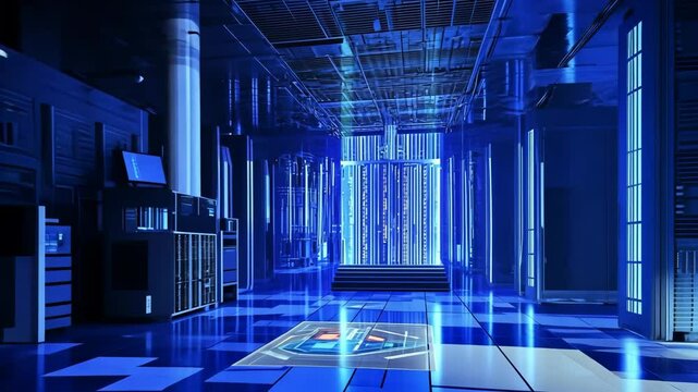 A futuristic server room with glowing blue lights and a digital interface on the floor