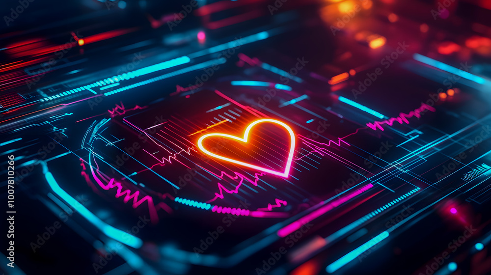 Poster neon heart on digital background with pulse graph