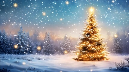 Naklejka premium Digital illustration of magic christmas tree against snowy landscape with fir trees and shining stars in the sky background