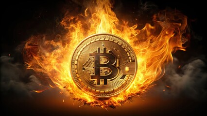 Bitcoin burning in flames, symbolizing volatile cryptocurrency market, Bitcoin, burning, flames, fire, finance