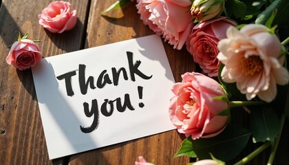 "Thank you!" handwritten note surrounded by pink roses on rustic wooden table