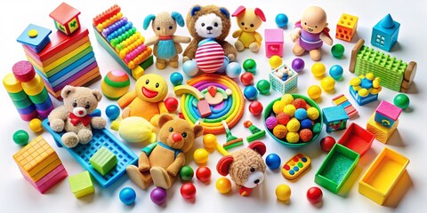 Obraz premium Vibrant assortment of colorful toys and playthings, including blocks, dolls, and stuffed animals, artfully arranged on