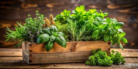 Vibrant assortment of freshly harvested herbs, including basil, rosemary, thyme, and parsley, arranged artfully in a