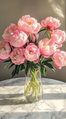 Obraz premium A stunning bouquet of pink peonies in a clear vase, beautifully arranged on a marble surface, capturing the essence of elegance.