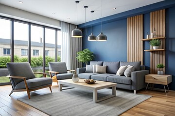 Fototapeta premium Vibrant blue accent wall adds a pop of color to a modern living room featuring sleek grey furniture,
