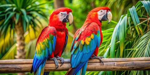 Obraz premium Vibrant blue and red macaws perch side by side on a wooden railing, showcasing their stunning plumage and