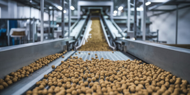 Automated production line processing large quantities of food items.