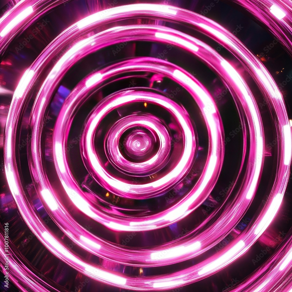 Wall mural vibrant circular pattern with glowing pink neon lights, creating a mesmerizing optical illusion and 