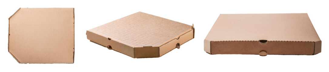 collection of brown pizza cardboard boxes isolated on white background