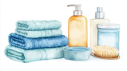 A collection of blue and turquoise towels alongside skincare products arranged for a spa day at home