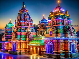 Obraz premium Vibrant bokeh lights dance across a colorful nighttime scene of intricately carved ancient Indian temple architecture,