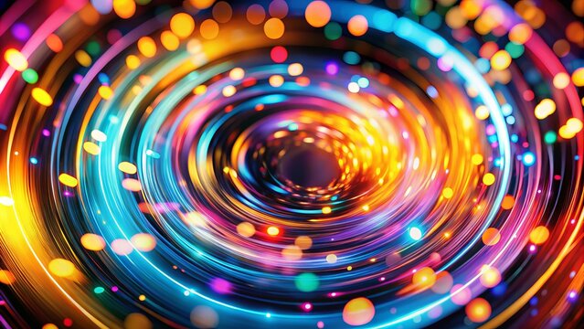 Vibrant blurred lights create a mesmerizing circle of motion, swirling with dynamic energy and colorful patterns,