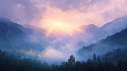 Fototapeta premium Misty Mountains with Rainbow Glow, an enchanting landscape of shrouded peaks illuminated by a gentle rainbow, evoking a serene and mystical ambiance in nature.