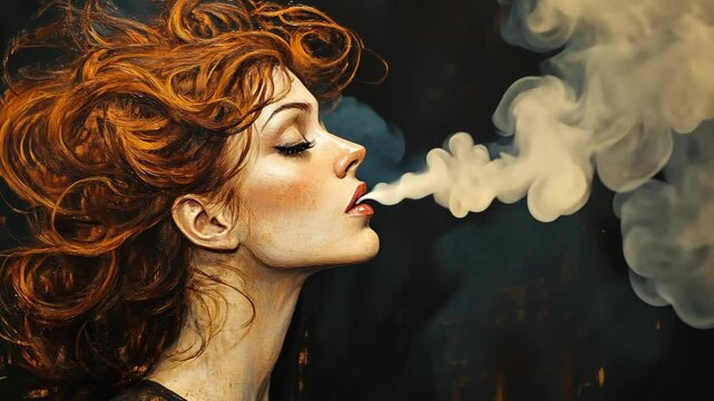 A woman with long, red hair blows a plume of smoke into the air