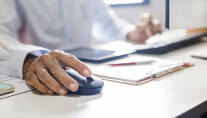 Close-up shot, asian businessman, professional lawyer working on computer meeting online with customer. checking business contract before providing legal advice at office