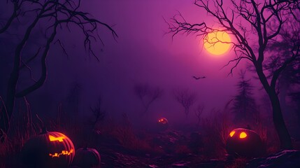 Gloomy background for Halloween. Landscape with pumpkins and neon, dramatic, dry branches, tree silhouettes, scary night