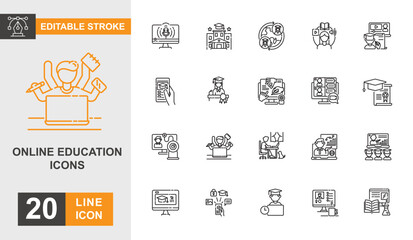 Online education icon set. Student, homework, learning, book and more line icon editable stroke.