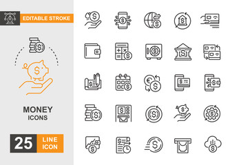 Money icon set. Payment, finance, banking, currency, economic and more line icon editable stroke.