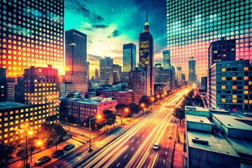 Obraz premium Vibrant cityscape at dusk, modern architecture and bustling streets overlaid with a distressed halftone pattern, adding