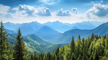 Majestic Mountain Landscape with Coniferous Forest, stunning peaks rise beneath a clear blue sky, enveloped by rich green trees, highlighting nature's grandeur and serenity.