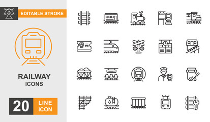 Railway icon set. Station, transportation, cargo, track, train and more line icon editable stroke. © zayyan