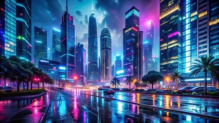 Vibrant cityscape at night with towering skyscrapers, bustling streets, and neon lights reflecting off wet pavement,