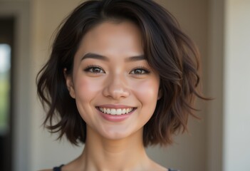 Smiling woman with short hair, bright expression, soft focus background.
