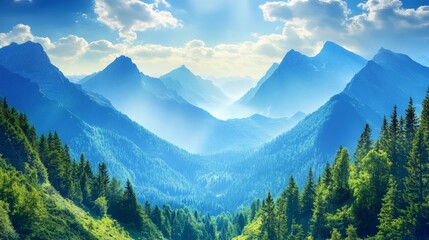 Obraz premium Majestic Mountains and Lush Coniferous Forests, a stunning landscape featuring towering peaks beneath a vibrant blue sky, embodying the splendor of the great outdoors.