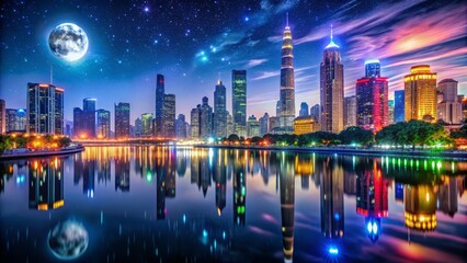 Fototapeta premium Vibrant city skyline glows with neon lights and bustling energy, reflected in tranquil river waters, under a starry